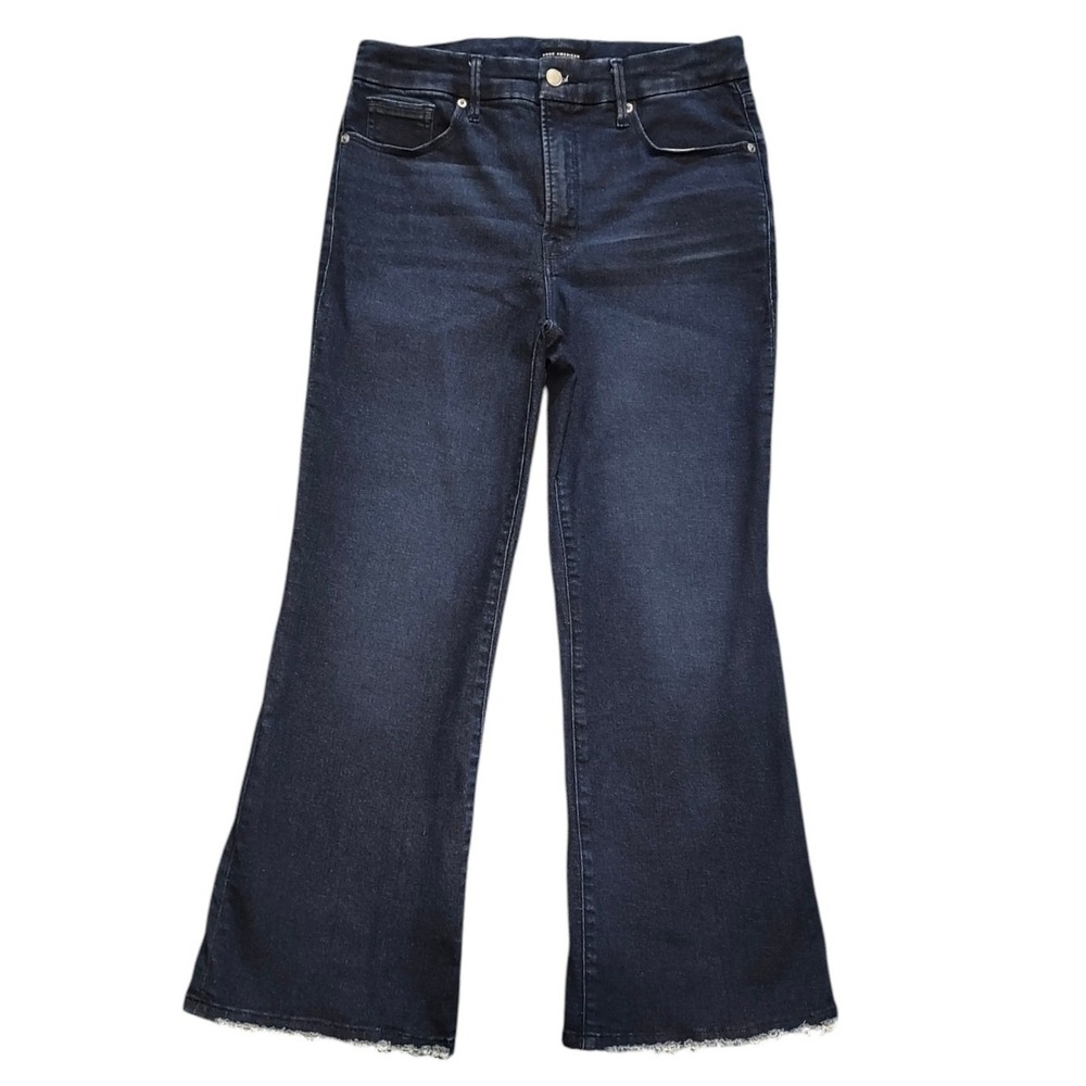 Good American Good Legs Crop Mini Boot Jeans Dark Indigo Raw Hem Size 10 30